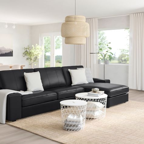 Black Leather Sofa Living, Kivik Sectional, Black Leather Sofa Living Room, Black Leather Couch Living Room, Black Sofa Living, Black Sofa Living Room Decor, Black Couch Living Room, Black Sofa Living Room, Kivik Sofa