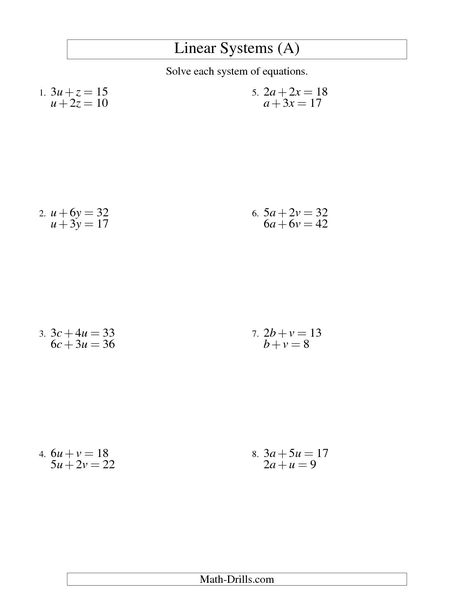 The Systems of Linear Equations -- Two Variables (A) math worksheet from the Algebra Worksheet page at Math-Drills.com. Algebra Equations Worksheets, Evaluating Algebraic Expressions, Algebra 2 Worksheets, Pre Algebra Worksheets, Literal Equations, Simplifying Algebraic Expressions, Linear Inequalities, Graphing Linear Equations, Solving Linear Equations