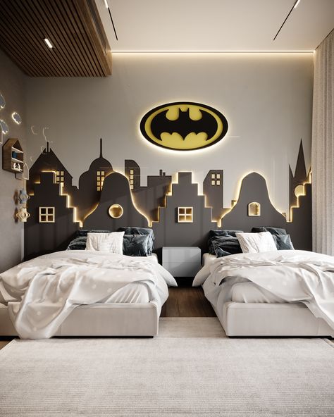 Batman Bedroom Ideas Boys, Kids Bedroom Boys Theme Rooms, Batman Themed Bedroom, Spiderman Bedroom, Batman Bedroom, Batman Room, Sibling Room, Kids Rooms Inspo, Kids Shared Bedroom