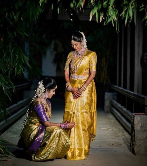 Gold Kanjivaram Saree, Indian Bridal Portraits, Tag Your Sister, Bridal Sarees South Indian, Wedding Saree Blouse, Kanjivaram Saree, Wedding Saree Blouse Designs, Wedding Saree Collection, South Indian Weddings