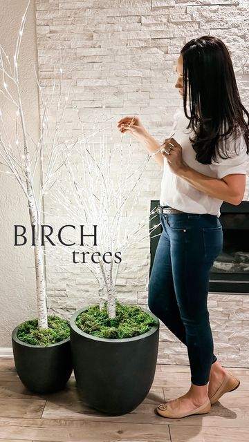 White Birch Trees Decor, Outdoor Birch Tree Decor Christmas, Birch Tree Decor Outdoor, Christmas Birch Tree Decor, How To Decorate With Lighted Birch Trees, Lighted Birch Tree Decor, Decorating With Birch Branches, Lighted Birch Tree Decor Ideas, Lit Birch Tree Christmas Decor