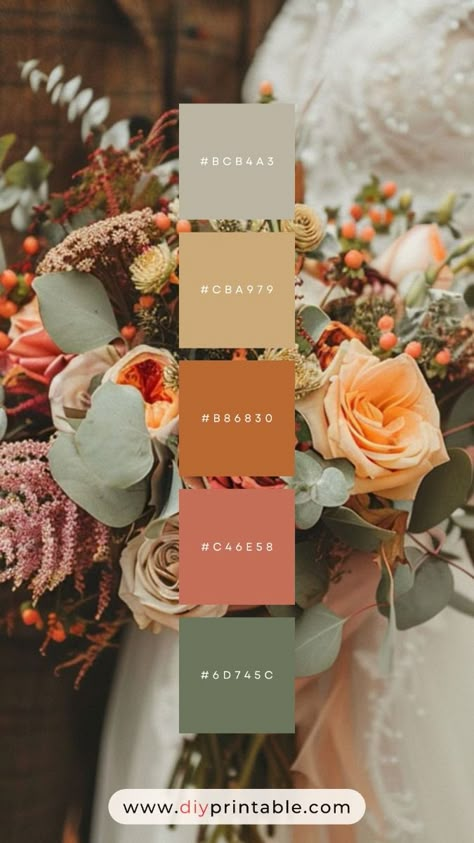 Get inspired by this Boho wedding color palette featuring earthy, natural tones and soft hues. Perfect for outdoor or rustic wedding themes, these colors bring a laid-back yet elegant feel to your big day. Whether you're choosing bridesmaid dresses, floral arrangements, or table settings, this palette of warm, neutral colors will create a beautiful bohemian atmosphere. Save this for wedding inspiration and bring your Boho wedding dreams to life!  #BohoWedding #BohoBride #WeddingInspo #BohemianStyle #WeddingPalette Fall Wedding With Bright Colors, October Wedding Themes Color Schemes, Moss Wedding Color Scheme, Wedding Color Schemes Boho, Fall Party Color Schemes, Greenery Wedding With Pop Of Color, Muted Color Wedding Theme, Pnw Wedding Colors, Earth Color Wedding Theme