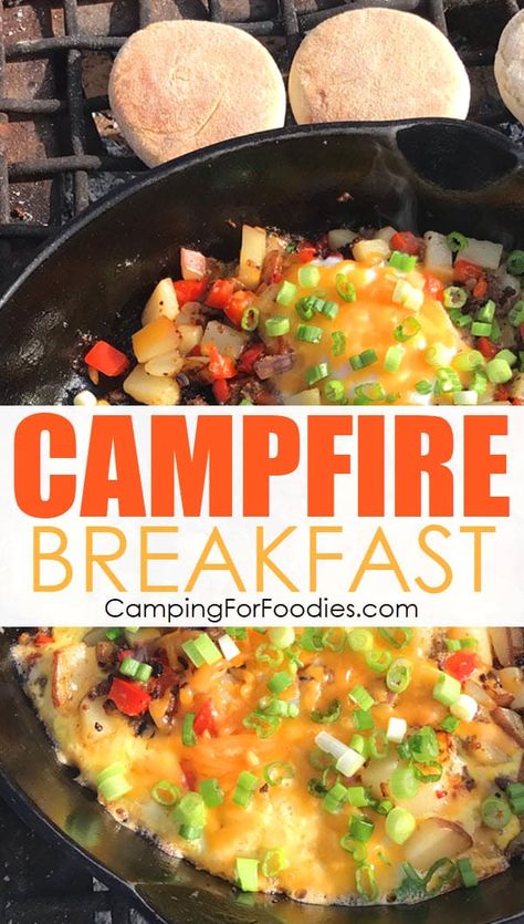 Campfire Skillet Meals, Campfire Skillet Recipes, Cast Iron Skillet Recipes Camping, Camping Meals Cast Iron Skillet Recipes, Easy Campfire Meals Cast Iron Skillet, Camping Breakfast Skillet, Campfire Skillet Breakfast, Skillet Breakfast Recipes, Cast Iron Breakfast Skillet