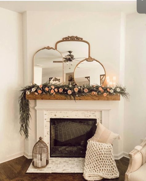 Layered Mirrors Mantle, Fireplace Mantle Decor With Mirror, Mantle Decorating Ideas With Mirror, French Country Mantle Decor, Mirror Above Fireplace Mantle, Mirrors Above Fireplace, Simple Fall Mantle Decor, Layering Mirrors, Decorating Mantle