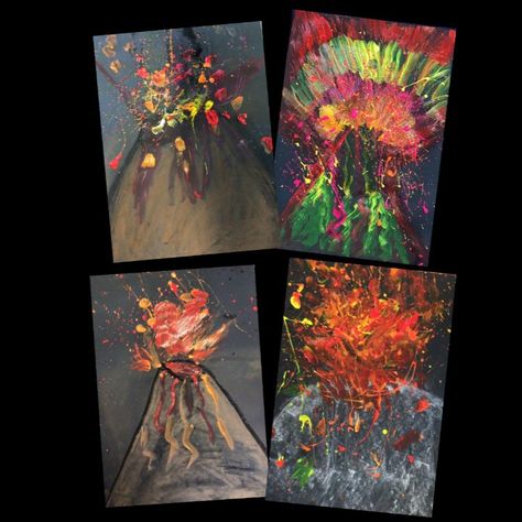 Art lesson suitable for Year 3-6. Volcanoes inspired by UK artist Nick Rowland. Full lesson plan on my blog. Lego Volcano Project, Volcano Paper Craft, Volcano Room Transformation, Science Art Lesson, Volcano Crafts For Preschoolers, Erupting Volcano Project For Kids, Volcano Art Preschool, Volcano Art Project, Volcano Anchor Chart