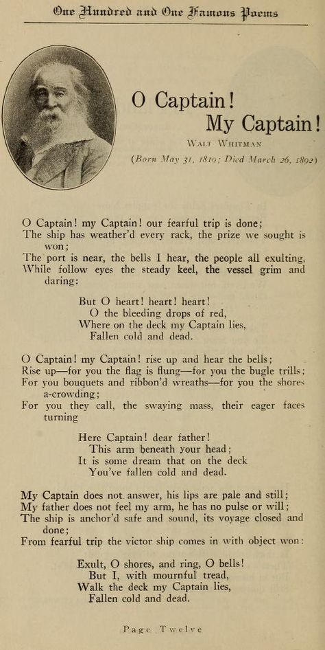 One hundred and one famous poems, with a prose supplement : Cook, Roy Jay, 1873- [from old catalog] comp : Free Download, Borrow, and Streaming : Internet Archive O Captain My Captain, Captain My Captain, Famous Poems, Walt Whitman, Jay