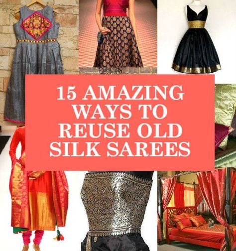 reuse old silk sarees, ideas to recycle old sarees, what to do with old silk kajeevaram sarees beautiful clothes #fashion Saree Upcycle Dresses, Saree Reuse Ideas Sari Dress, Upcycle Saree, Old Saree Reuse Sari Dress, Dress From Old Saree, Dresses From Old Sarees, Saree Reuse Ideas, Sarees Ideas, Sewing Reference