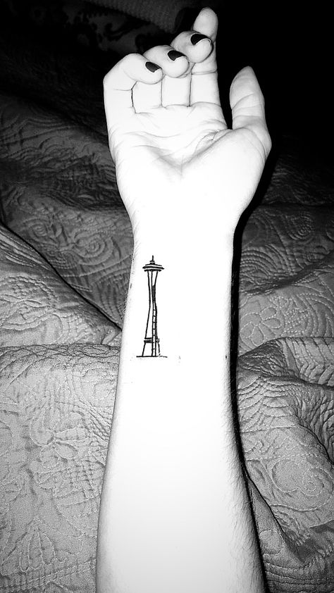 Seattle Space Needle wrist tattoo Seattle Space Needle Tattoo, Seattle Tattoo Ideas, Space Needle Tattoo, Seattle Tattoos, Human Doodle, Seattle Tattoo, Seattle Space Needle, Needle Tattoo, Ruby Red Slippers