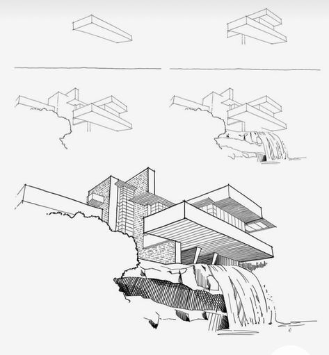 Frank Lloyd Wright Architecture Drawings, How To Draw Buildings Perspective, Frank Lloyd Wright Sketches, Fallingwater Frank Lloyd Wright, Frank Lloyd Wright Drawings, Falling Water Frank Lloyd Wright, Frank Lloyd Wright Architecture, Student Aesthetic, Drawing Architecture