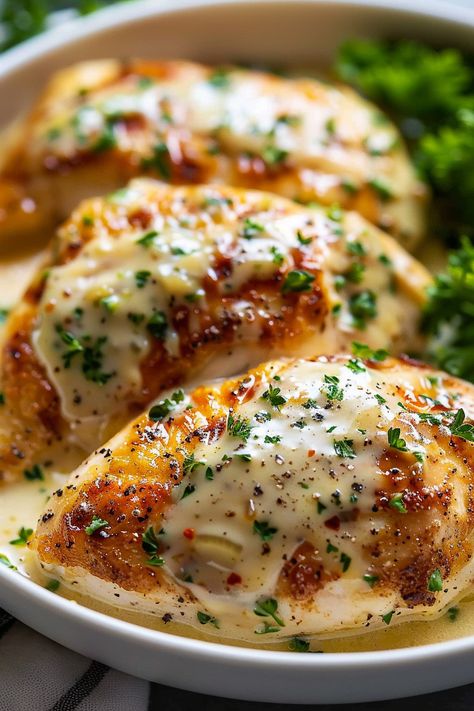 Baked Caesar Chicken Baked Caesar Chicken With Creamy Parmesan Sauce, Baked Caesar Chicken With Parmesan Sauce, Baked Chicken With Heavy Cream, Caesar Parmesan Chicken, Crockpot Caesar Chicken Recipes, Chicken Dishes For Company, Yummy Baked Chicken, Baked Chicken Caesar Recipe, Parmesan Caesar Chicken