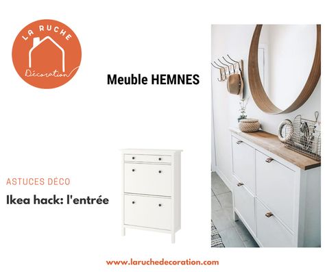 Idéal pour les petits espaces, le meuble à chaussures HEMNES présente une taille compacte, ce qui permet de l’installer facilement dans une entrée étroite. Pour le rendre un peu plus tendance rien de plus simple: munissez-vous d’une planche en bois brute (que vous pouvez vernir) et fixez-la sur le dessus du meuble. Remplacez ses poignées noires très simples, par de jolies anses en cuir et le tour est joué ! Il sera parfait dans une décoration de style industriel. Ikea Hall, Interior Design Ikea, Ikea Hemnes Hack, Ikea Entryway, Ikea Inspiration, Hack Ikea, Vibrant Living Room, Cosy House, Ikea Bathroom