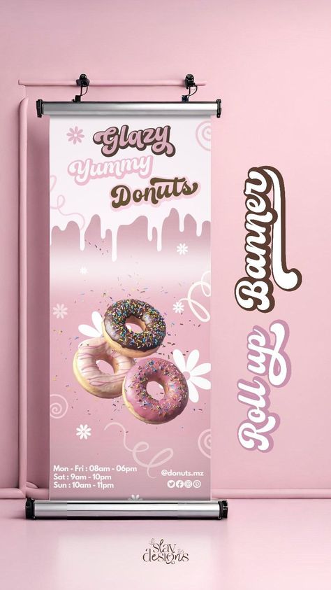 Roll up banner for donuts shop in pink Check out our Instagram slaydesignss and place your orders We specialize in custom digital designs for wedding cards invitations baby birth announcements frames boards signs banners business cards logos full brand identity and much more Starting at  all under your budget . #BusinessCardDesign #CreativeBusinessCards #ProfessionalDesign #UniqueBusinessCards Donut Banner Design, Graphic Banner Design, Banner Ideas Design, Donut Branding, Donuts Shop, Banner Design Ideas, Business Graphic Design, Baby Birth Announcements, Standing Banner