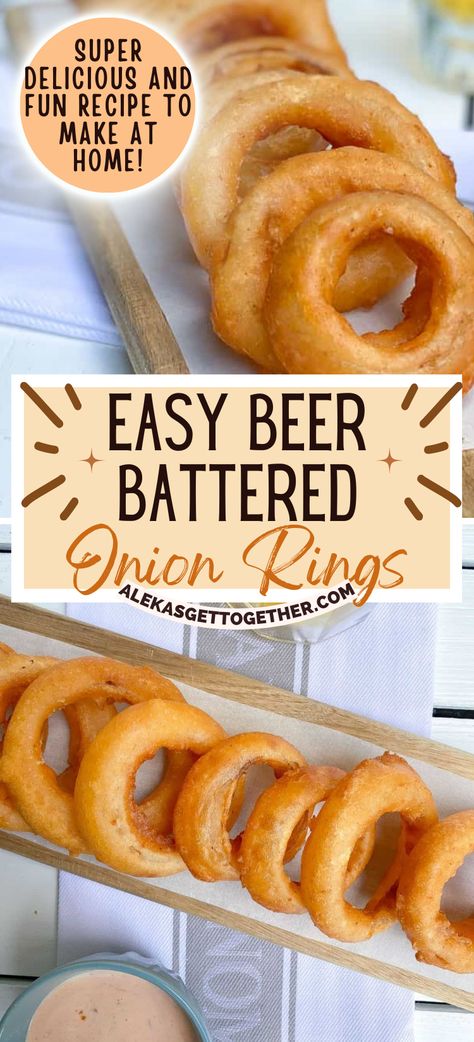 These EASY Beer Battered Onion Rings are the best appetizer to serve with an ice-cold beer! The beer batter helps to create a SUPER crispy, light and fluffy exterior while adding another layer of flavor. Serve your onion rings with this tasty roasted red pepper aioli dipping sauce and your guests will RAVE over them. Red Pepper Aioli, Beer Batter Recipe, Cooking Videos Tasty, Battered Onion Rings, Bite Size Appetizers Easy, Mini Crockpot Recipes, Bacon Recipes For Dinner, Homemade Onion Rings, Beer Battered Onion Rings