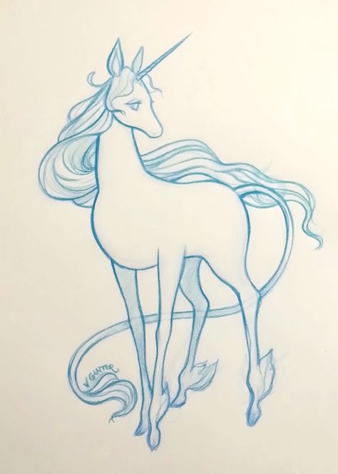 The Last Unicorn sketch  Virginia Gunter || www.gunterdoesart.com || facebook.com/ArtistVirginiaGunter || instagram.com/gunterdoesart || Simple Fantasy Drawings Art, Unicorn Drawing Tattoo, Unicorn Drawing Sketches, Unicone Art Drawing, Unicorn Drawing Easy, Last Unicorn Tattoo, The Last Unicorn Drawing, Magic Sketch, Draw Unicorn