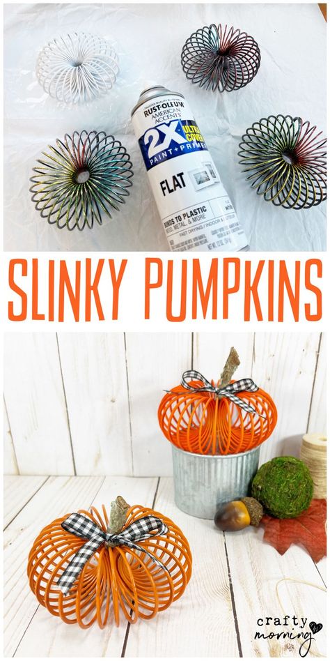 Slinky Pumpkin Decor - fun cheap halloween decorations to make at home. Fun DIY art project for fall. Halloween dollar tree craft. Dollar store idea that is easy. Black and white plaid. So cute Diy Dollar Store Fall Crafts, Pumpkin Crafts Dollar Tree, Easy Sellable Fall Crafts, Craft Ideas For Adults Halloween, Halloween Ideas For Senior Citizens, Cute Easy Crafts For Adults, Diy Fall And Halloween Decorations, Fall Halloween Diy Decor, Fall Crafts Dollar Store