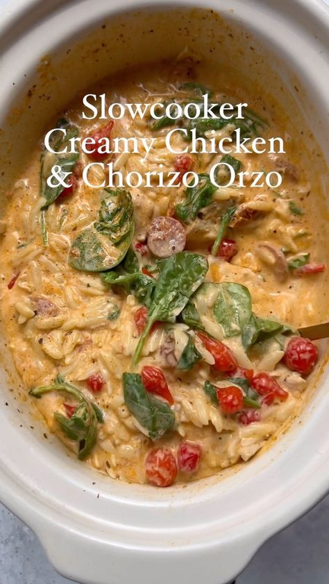 Slowcooker Creamy Chicken & Chorizo Orzo 🍅 Creamy Orzo with Chicken, Sun-dried tomato & chorizo, kind of a crossover between pasta and a … | Instagram Chicken Pesto Sundried Tomatoes, Chicken Chorizo Recipe, Slowcooker Pasta, Orzo With Chicken, Chicken And Chorizo, Creamy Orzo, How To Cook Chorizo, Slow Cooker Creamy Chicken, Crock Pot Inspired Recipes