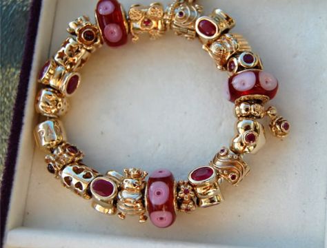 Red and gold beauty Red And Gold Jewelry Aesthetic, Pandora Charms Red, Pandora Catalogue, Pandora Wishlist, Pandora Story, Pandora Jewlery, Gold Pandora, Pandora Bracelet Designs, Pandora Inspiration