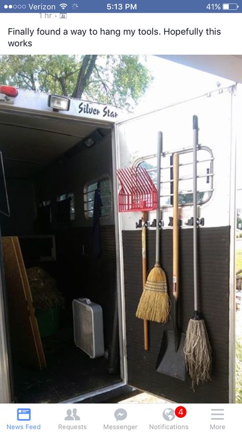 Trailer Organization Ideas, Horse Trailer Organization, Trailer Redo, Roping Horse, 4h Projects, Horse Trailer Living Quarters, Trailer Organization, Cow Stuff, Trailer Conversion