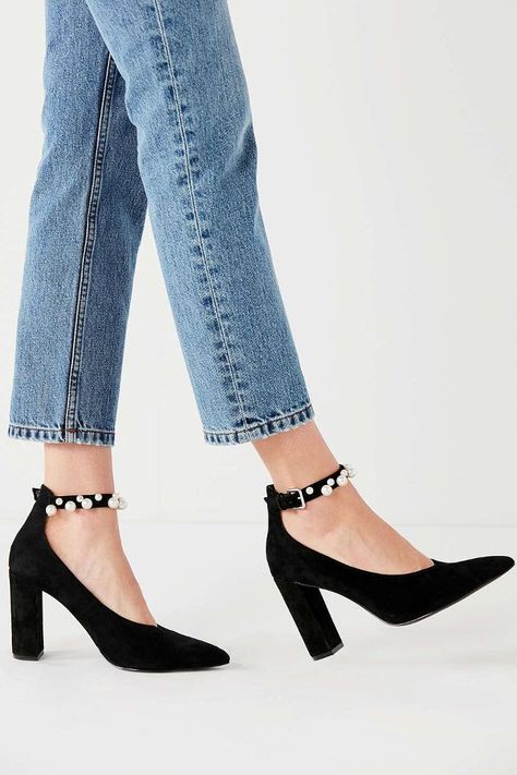 Sol sana Pearl embellished heels Black Chunky Heels, Older Women Fashion, Pointy Toe Flats, Womens Fashion Edgy, Ankle Strap Pumps, Take A Walk, If The Shoe Fits, Shoe Fits, Ankle Strap Heels