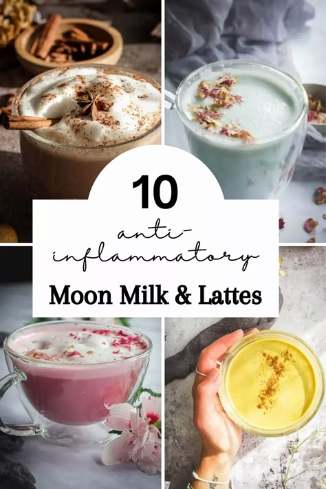 Here is a list of 10 delicious and cozy anti-inflammatory moon milk and latte recipes to keep you cozy and relaxed all year long. #moonmilkrecipes #goldenmilk #moonmilklatte #moonmilk #caffeinefreedrinks #healthydrinkrecipes Hot Bedtime Drinks, Nighttime Drinks Healthy, Milk Teas Recipes, Moonmilk Recipe, Milk Steamer Recipes, Night Time Drinks For Sleep, Warm Milk Drinks, Tea Latte Ideas, Witch Food Recipes