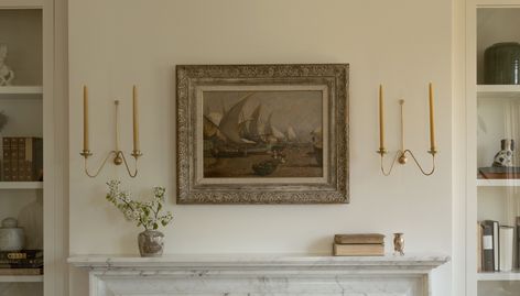 Art Above Couch With Sconces, Park Hill Collection Home Decor, Timeless Mantle Decor, Antique Brass Gallery Wall, Vintage Light Sconces, Recessed Nook In Wall, Magnolia Wall Decor, Wall Art Living Room Traditional, Whimsical French Decor