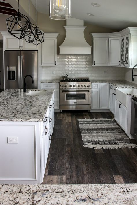 White Granite With White Cabinets, Black And White Kitchen Makeover, Kitchen Flooring With White Cabinets And Black Countertops, White Kitchen Cabinets With Gray Floors, White Cabinets And Countertops Kitchen, White Kitchen Cabinets With Darker Countertops, White Cabinets With Countertops, Gray And Black Granite Countertops, White Gray Countertops Kitchen