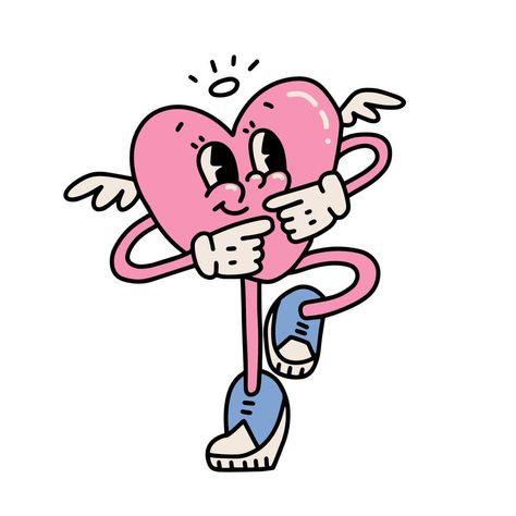 Heart Character Design, Retro Character Illustration, Retro Illustration Graphics, Retro Illustration Wallpaper, Character With Wings, 1950s Cartoon, Retro Drawings, Heart Mascot, Cute Vector Illustration