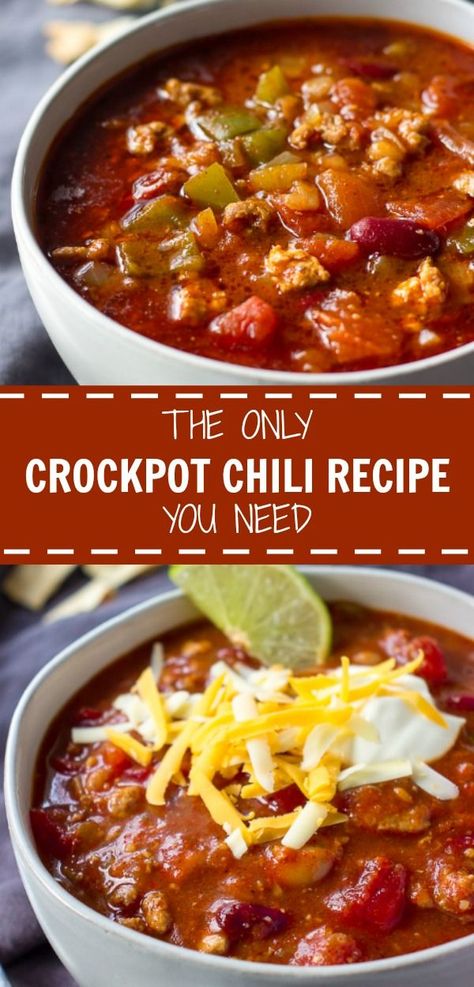 There's no denying - this Crockpot Chili is best of the best! Hearty, moderately spicy and incredibly delicious! This particular recipe is the adaptation of my most popular Award-Winning Chili. I made a few tweaks and added Italian sausage and ground chicken. If you want, you can use beef, turkey or even deer. Ultimate comfort food for fall, winter or when it's a little chilly outside. Make it for dinner and your family will thank you for it! Even my kids loved this easy slow cooker Chili! #soup Food For Fall, Slow Cooker Chili Easy, Chili Crockpot, Chili Dinner, Chili Recipe Crockpot, Best Chili Recipe, Crockpot Chili, Diner Recept, Chilli Recipes