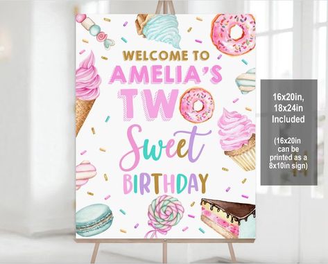 *affiliate link. Two sweet Birthday welcome sign 2nd Birthday Welcome Poster Dessert sign Girl Ice cream Candy Donut Editable Printable Download. 2nd birthday party girls. Girls party ideas. 2 themed birthday party idea. Two sweet party decorations. Party decor. Welcome birthday sign. Two Sweet Welcome Sign, Sweets Party Theme, Two Sweet Birthday, Cream Donut, Candy Theme Birthday Party, Grown Up Parties, 5th Birthday Party Ideas, Second Birthday Ideas, Twins Birthday