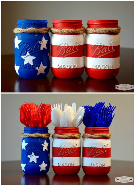 Red White And Blue Decorations, Blue Decorations, Mason Jar Projects, Fourth Of July Party, 4th Of July Crafts, Forth Of July, 4th Of July Ideas, Fourth Of July Food, Mason Jar Ideas