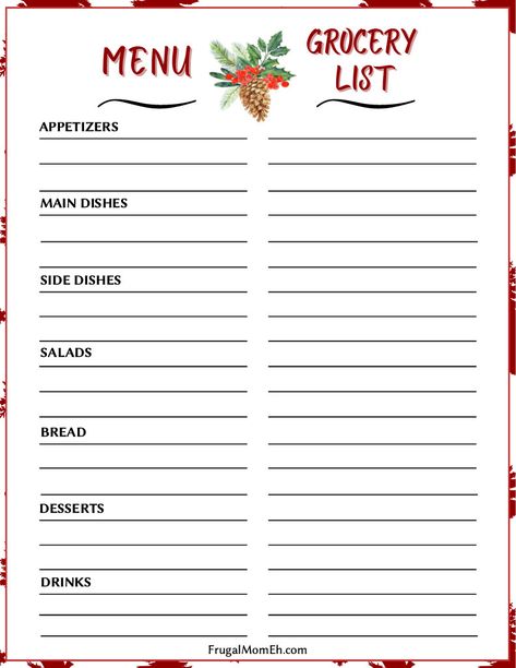 Christmas Dinner Timeline, Free Christmas Menu Templates Printable, Christmas Meal Planner Free Printable, Christmas Dinner Planner, Christmas Menu Design Templates, Holiday Menu Design, Christmas Menu List, Christmas Dinner List, Christmas Dinner Shopping List