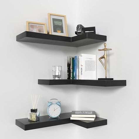 Tired of blank and dull walls in your house? Our floating shelves without visible brackets is perfect for used as corner display part. Invisible brackets design makes the shelves REAL floating in corner, no more messy in corner. Modern minimalist floating wall shelves can easily complement any decorating style from Gothic style to Modern luxury to Rustic. Kitchen Corner Shelves, Corner Floating Shelves, Shelves For Bedroom, Black Floating Shelves, Floating Corner Shelves, Corner Wall Shelves, Corner Display, Shelves Wall, Wooden Wall Shelves