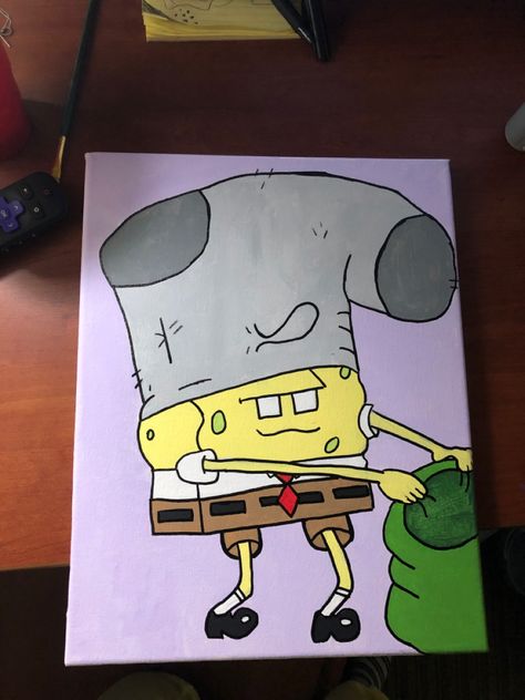 Animated Canvas Paintings, Canvas Drawings Cartoon, Regular Show Canvas Painting, Cartoon Character Canvas Painting, Funny Spongebob Painting Ideas, Doodle Bob Painting, Trippy Spongebob Painting Canvases, Easy Painting Cartoon, Shrek Canvas Painting