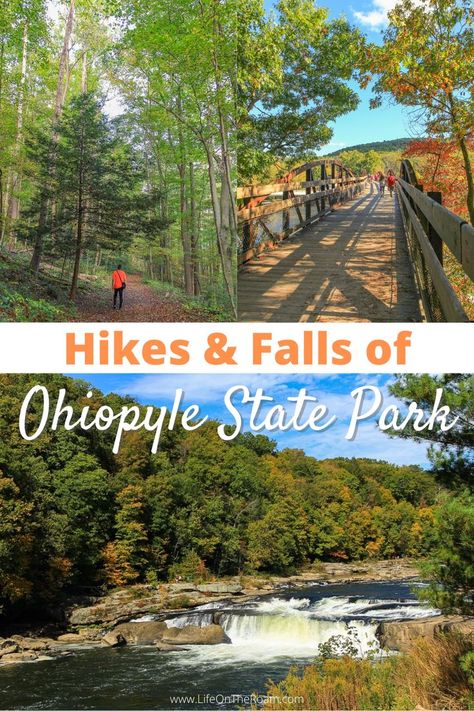 A waterfall, a pedestrian bridge, and a hiking trail Ohiopyle State Park Things To Do, Recreation Activities, Ohiopyle State Park, Hiking Fall, Summer Roadtrip, Pennsylvania Travel, Outdoor Paradise, Whitewater Rafting, Beautiful Sites