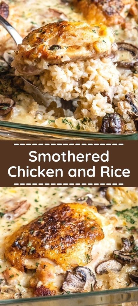 Smothered Chicken And Rice, Smothered Chicken Recipes, Smothered Chicken, Dinner Recipes For Family, Chicken And Rice, Rice Casserole, Chicken Dishes Recipes, Baked Chicken Recipes, Chicken Thigh Recipes