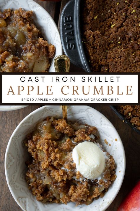 Iron Skillet Apple Crisp, Cast Iron Apple Crisp, Skillet Apple Crisp, Graham Cracker Crumble, Pan Desserts, Iron Skillet Recipes, Sugar Apples, Skillet Recipes, Cast Iron Skillet Recipes