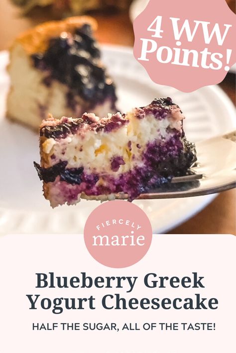 My Blueberry Greek Yogurt Cheesecake is rich, creamy, and you’d never guess it’s made with non-fat Greek Yogurt and half the sugar. #Recipes #Dessert #Heallthy #Cheesecake #Blueberry #Baking Berry Yogurt Cheesecake, Weight Watchers Cheesecake Greek Yogurt, Greek Yogurt Cheesecake Bars, Whipped Greek Yogurt Dessert, Healthy Desserts Using Greek Yogurt, Healthy Cheesecake Recipes Greek Yogurt, Yogurt Cheesecake Recipe, Non Fat Greek Yogurt Recipes, Blueberry Baking