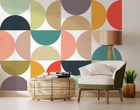 Geometric Mural, Shape Wallpaper, Living Room Decal, Mural Geometric, Geometric Wall Paint, Geometric Living Room, Kids Room Paint, Focal Wall, Wall Safe