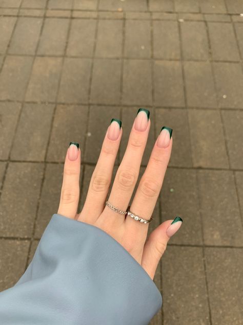 French Tip Nails Forest Green, Green And White Tip Nails, Tapered Square Green Nails, Forest Green French Tip Nails Square, Opposite French Tip Nails, Green Tips Nails Square, Two Tone Green French Tip Nails, Dark Green French Tips Square, Square Nails Ideas Green