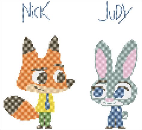 Zootopia Characters, Nick And Judy, Nick Wilde, Judy Hopps, Perler Bead Art, Zootopia, Perler Bead, Hama Beads, Cross Stitch Designs