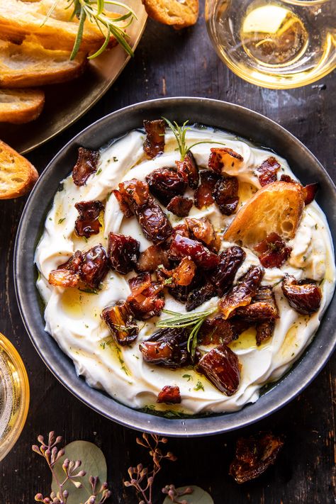 Whipped Goat Cheese with Warm Candied Bacon and Dates | halfbakedharvest.com Half Baked Harvest Goat Cheese Dip, Baked Goat Cheese With Honey, Half Baked Harvest Dip, Creamy Goat Cheese Bacon And Date Dip, Half Baked Harvest Appetizers Easy, Whipped Goat Cheese Dip Honey, Half Baked Harvest Appetizers, Whipped Goat Cheese Dip, Honey Whipped Goat Cheese