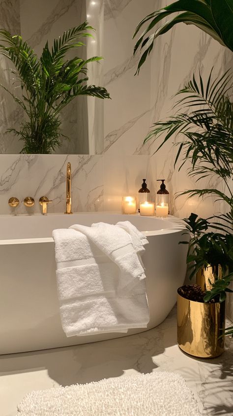 Indulge in a Taurus-inspired bathroom oasis ♉️✨ Immerse in luxury with marble countertops, a freestanding bathtub, and plush towels. 🛁🕯️ Gold fixtures add opulence, while scented candles and lush plants create a tranquil, spa-like ambiance. 🌿💛 Transform your space into a serene retreat! Spa Aesthetic Bathroom, Freestanding Bathtub Decor, Cozy Bathroom Aesthetic, Bathtub Ideas Decoration, Spa Like Bathroom Ideas, White Spa Bathroom, Spa Apartment, Peaceful House, Spa Bathroom Ideas