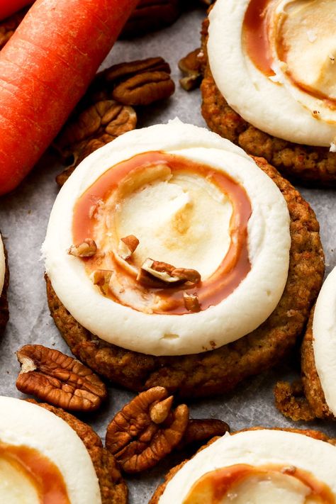 Carrot Cake Cookies Carrot Cake Flavored Desserts, Salted Caramel Carrot Cake, Best Carrot Cake Cookies, Crumbl Carrot Cake Cookies, Thanksgiving Crumbl Cookies, November Cookie Ideas, Carrot Cheesecake Cookies, Carrot Cake Roll Cream Cheese Frosting, Cream Cheese Frosting Cookies