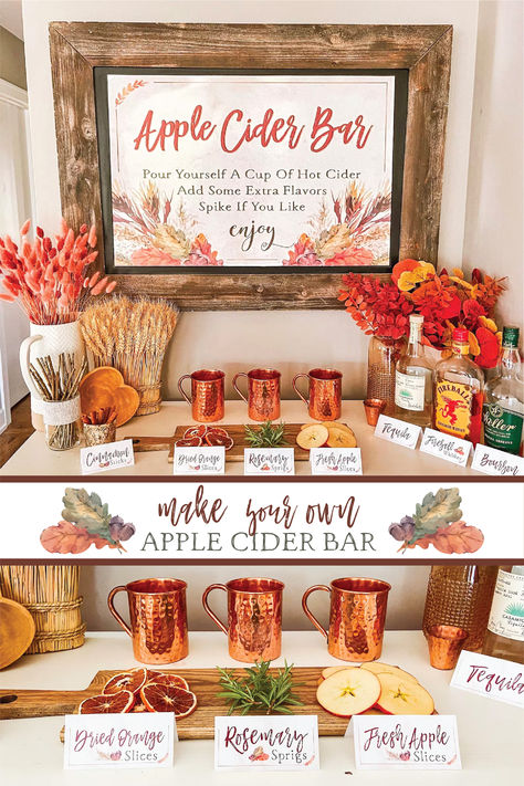 Pumpkin Engagement Party, Fall Banquet Ideas, Fall Themed Mimosa Bar, Fall Themed Parties For Adults, Elegant Fall Party Decor, Hot Apple Cider Bar Ideas Fall, Fall Baby Shower Apple Cider Bar, Fall Cider Bar, Fall Apple Cider Bar