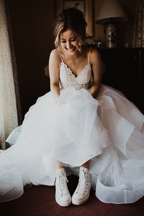 Haley A Photography // Bride chooses to wear chucks over stilettos on her wedding day! Herrington Hotel, Illinois Wedding Bride Converse, Wedding Dress With White Converse, White Converse With Wedding Dress, Bride Wearing Sneakers, Wedding Dresses With Converse, Bride In Converse, Converse And Wedding Dress, Bride Wearing Converse, Wedding Dress With Chucks