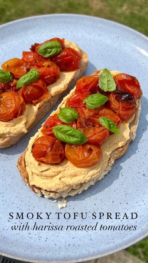 SMOKY TOFU SPREAD with harissa roasted tomatoes 🍅 Using smoked tofu to create a high-protein spread with a deliciously smoky, “cheesy”… | Instagram Recipes With Smoked Tofu, Smoked Tofu Dishes, Smoked Tofu Recipe, Tofu Spread, Tofu Snacks, Rose Harissa, Vegan Breakfast Options, Smoked Tofu, Roast In The Oven