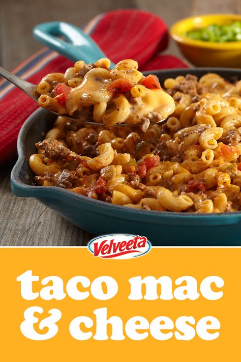 Turn taco night upside down with a new family favorite, courtesy of creamy, melty Velveeta. Taco Macaroni, Taco Mac, Taco Mac And Cheese, Yummy Comfort Food, Idee Pasto Sano, Ideas Family, New Family, Beef Dishes, Recipes Dinner