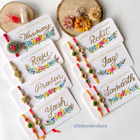 Make this Rakshabandhan feel more special with personalised name card for your siblings 💕 Rakhi Packing Ideas Handmade, Rakhi Card Making Ideas, Rakshabandhan Card Ideas, Happy Rakshabandhan Cards, Rakshabandhan Cards Handmade, Rakhi Card Ideas, Rakshabandhan Cards, Rakshabandhan Gift Ideas, Hamper Stickers