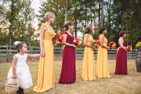 Red And Yellow Wedding Bridesmaid Dress, Sunflower Yellow Bridesmaid Dresses, Wedding Colors Schemes Fall, Maroon Wedding Colors, Wedding Colors Schemes, Maroon Bridesmaid, Eatonton Georgia, Maroon Bridesmaid Dresses, Orange Wedding Colors