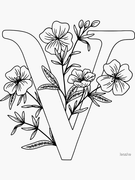 "V - Monogram Floral Botanical" Sticker by leoshe | Redbubble Monogram Floral Letters, Letter V Embroidery Pattern, Floral Letters Drawing, Embroidery Designs Drawing, Floral Drawing Design, Floral Design Drawing, V Monogram, Floral Monogram Letter, Drawing Floral